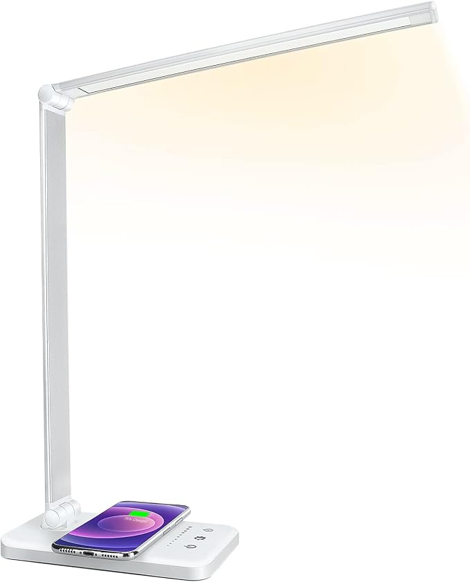LED Desk Lamp with Wireless Charger, USB Charging Port, Desk Light with 10 Brightness, 5 Color Modes, Dimmable Eye Caring Reading Desk Lamps for Home Office, Touch Control, Auto Timer, White - Image 9