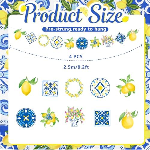Capri Lemon Party Decorations 4 Pack Mediterranean Banner Garland Blue and Yellow Tile Design Lemon Summer Party Supplies for Birthday, Baby Shower, Bridal Shower - Image 2