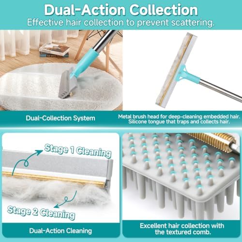 Carpet Rake for Pet Hair Removal Tool,Reusable Pet Hair Remover Broom Blue - Image 3