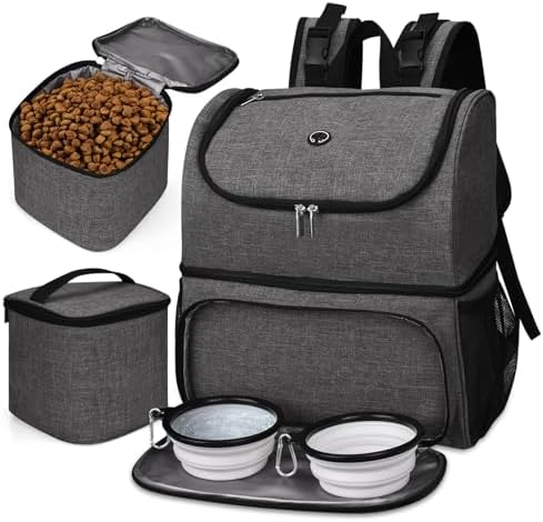 BAGLHER Pet Travel Bag, Double-Layer Pet Supplies Backpack (for All Pet Travel Supplies), Pet Travel Backpack with 2 Silicone Collapsible Bowls and 2 Food Baskets Grey by BAGLHER