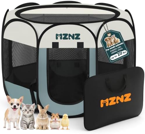 Dog Playpen, Portable Cat Playpen Crate Indoor for Dogs Cats Rabbits, Foldable Small Animal Guinea Pigs Bunny Cage Enclosure for Outdoor, Pop Up Dogs Cats Tent Kennel with Carrying Case, Grey by MZNZ