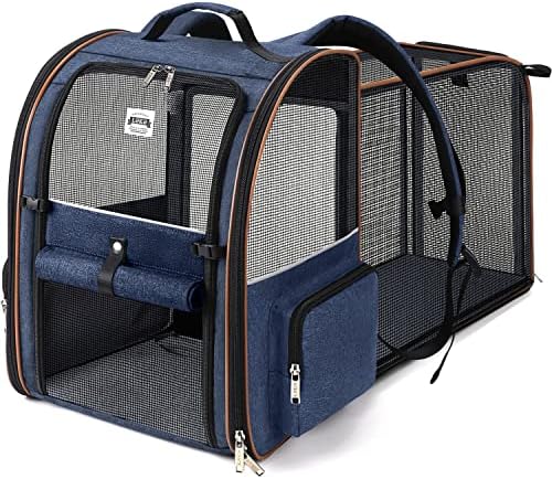 Large Cat Backpack Carrier Expandable Pet Carrier Backpack for Small Dogs Medium Cats Fit Up to 18 Lbs, Dog Backpack Carrier, Foldable Puppy Backpack Carrier for Travel, Hiking,Blue by LEKEBOBOR