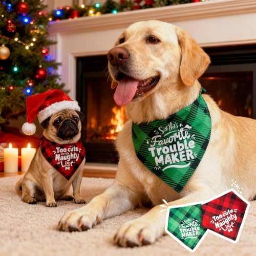 Christmas Dog Bandanas Naughty & Nice List Print - Santa's Favorite Trouble Maker - Pet Holiday Scarf Costume Gift, Green Plaid, Medium & Large Breed, 25-75lbs - Image 5