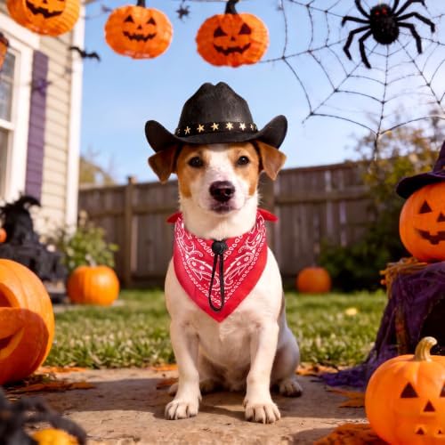 Pet Cowboy Costume, Dog Cowboy Hat with Bandana Scarf, Adjustable Cat Cowboy Hat for Party Cosplay Christmas, Halloween Cowboy Costumes for Small Pet Dogs Cats (Black, Medium) - Image 5