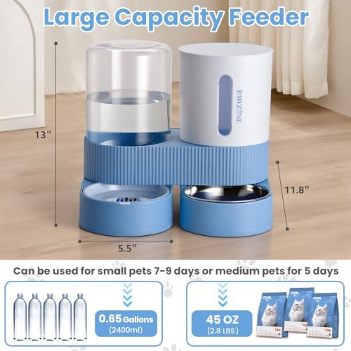 Automatic Cat Feeder Stainless Steel Water Dispenser Gravity Food Feeder and Waterer Set with Pet Food Bowl for Small Medium Kitten Puppy Pets Large Capacity(Blue) - Image 2