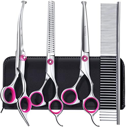 Gimars Dog Grooming Scissors Kit Professional 4CR with Safety Round Tip, 5 in 1 Heavy Duty Titanium Coated Thinning & Curved & Straight Shears by Gimars