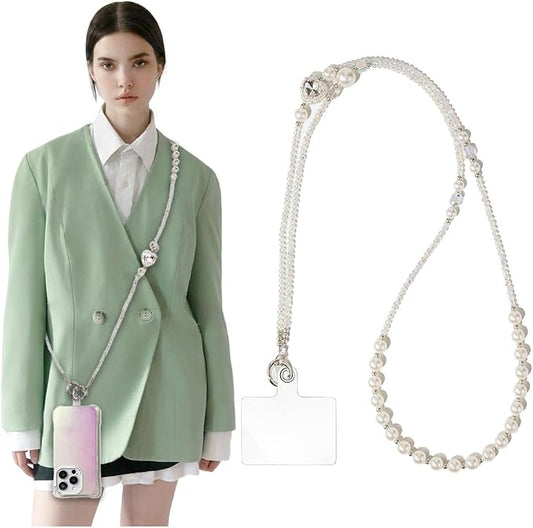 Phone Chain Crossbody Pearl Strap,Pearl Beaded Chain Shoulder Crossbody Lanyard with Phone Tether Patches Compatible with Most Phones Bag Purse by Turkalla