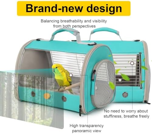 Small Bird Travel Carrier, Wire Grid Window Bird Bag to Carry Cockatiel Parakeet Budgies with Standing Perch (Green, Cylinder Design - Steel Window) - Image 3