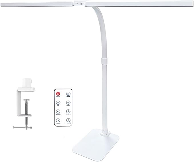 LED Desk Lamp with Clamp and Base, Dual Head Monitor Light | 24W Dimmable Eye-Caring Task Lamp with Timer, Anti-Glare Cover and Gooseneck for Home Office Dorm, Workbench and Study by MACASA