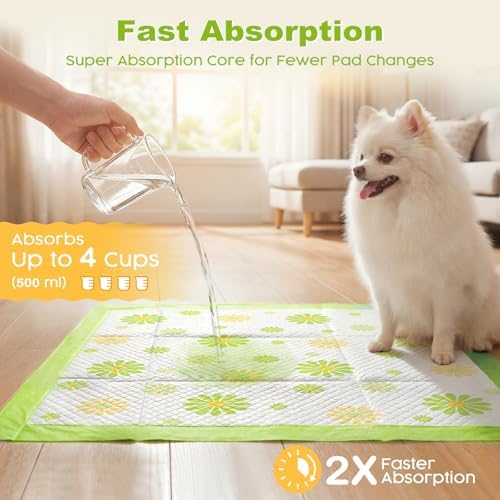 MIZOK Puppy Pads with Adhesive Tabs Green Daisy Prints Small 22x22in 100Ct - Image 4