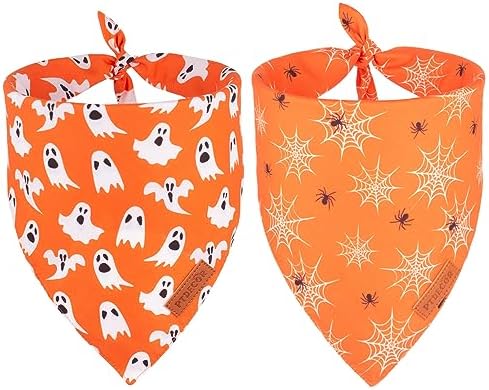 PTDECOR Orange Halloween Dog Bandana, Ghost Spider Web Pet Scarf, Large by PTDECOR