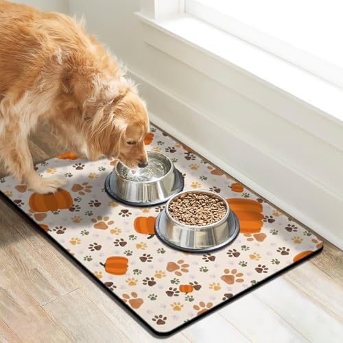 Fall Pumpkin Dog Food & Water Mat, Paw Prints Autumn Pet Feeding Mat for Floor Non-Slip Waterproof, Super Absorbent Cat Bowl Mat, Easy to Clean Eco-Friendly Durable Pet Placemat,24" × 32" - Image 2