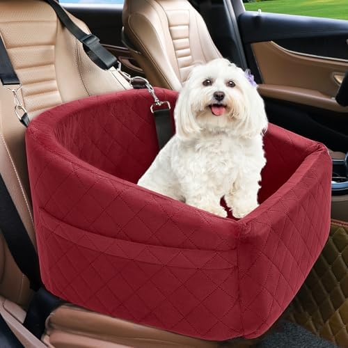 NEEZUKAR Dog Car Seat for Small Medium Dogs,Detachable Washable Dog Booster Seat Under 30lbs, Pet Car Seats Travel Bed with Storage Pockets and Safety Belt(Red) by NEEZUKAR