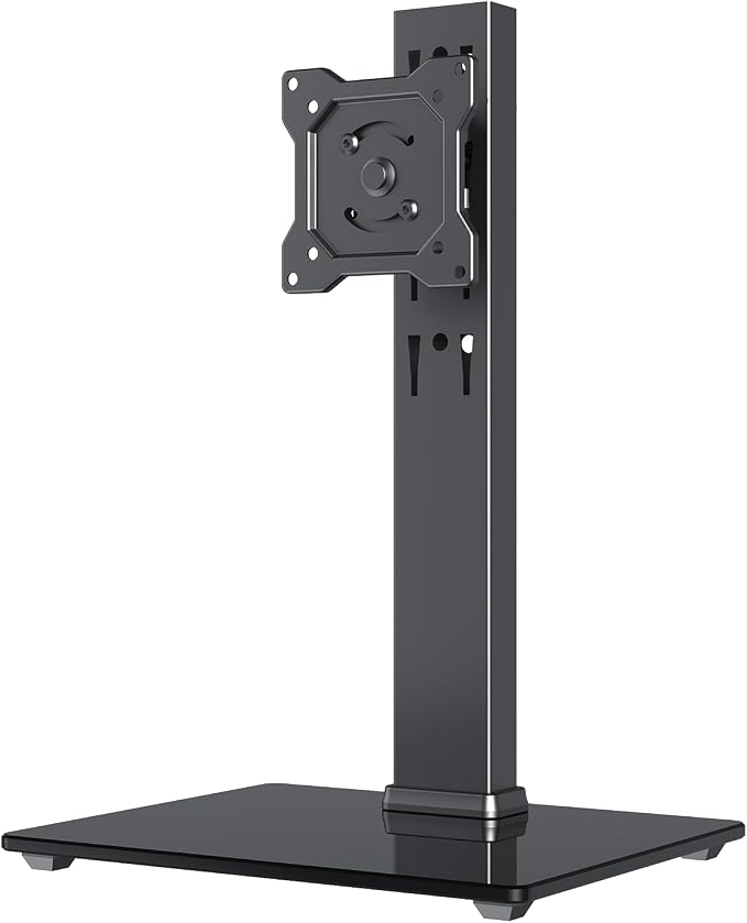 Afaloona Freestanding Single Monitor Stand for 13-32 Inch Monitor, No Clamp | Max Load 77lbs | Tempered Glass Base | ±25° Swivel | -5° to +10° Tilt | 360° Rotation | 4 Height Options | VESA 75×75/100×100 by Afaloona