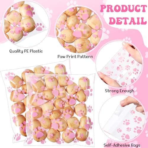 Pasimy 200 Pcs Dog Paw Treat Bags, Clear Self Adhesive Clear Pink - Image 2