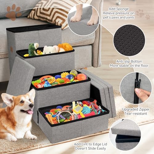 Zerbuger Dog Stairs with Storage, Grey 4 Steps Dog Ramp with Condo for Bed - Image 6