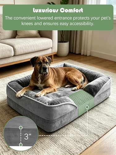 Spotted Play Orthopedic Dog Bed with Sides - Dog Sofa Beds for Large Dogs, Supportive Foam Pet Couch Bed with Washable Removable Cover, Waterproof Lining and Non-Slip Bottom, Grey - L-Plus - Image 3