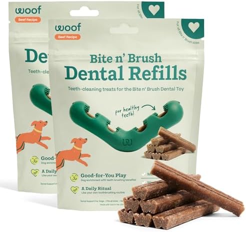 WOOF Bite n' Brush Dog Dental Sticks, Refills for Chew Toy, Beef, 2 Pack by Woof