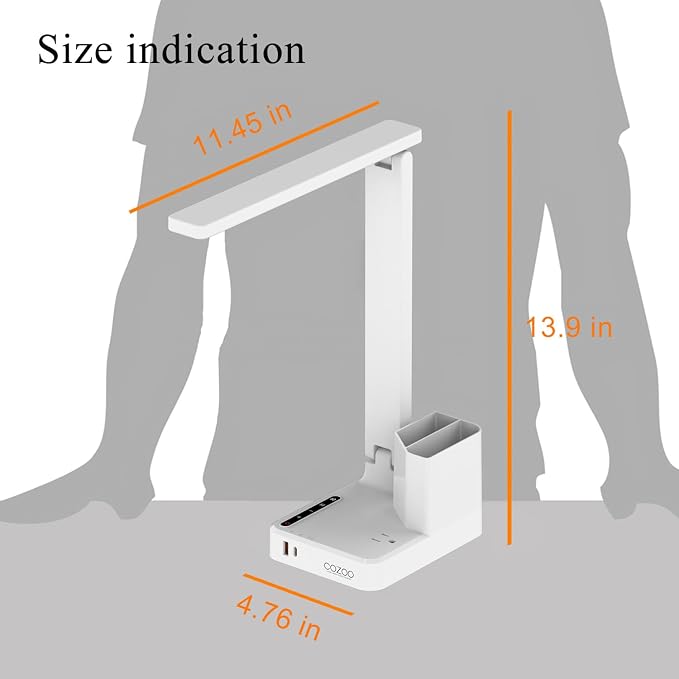 COZOO LED Desk Lamp with 2 USB Charging Ports,Type C Port,1 AC Outlet,2 Pen Holders,3 Color Temperature 3 Brightness Level,Touch/Memory/Timer,10W Eye Protection Foldable Reading Light,Study Lamp-White - Image 8