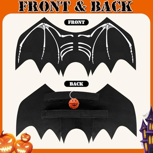 Olanrun Small Dog Halloween Costumes, Adjustable Puppy Dog Bat Wings Costumes for Small Dogs Cats with Pumpkin Bell Skeleton Print On The Back, Pet Costume Halloween Cosplay Party Dress Up, XS Black - Image 5