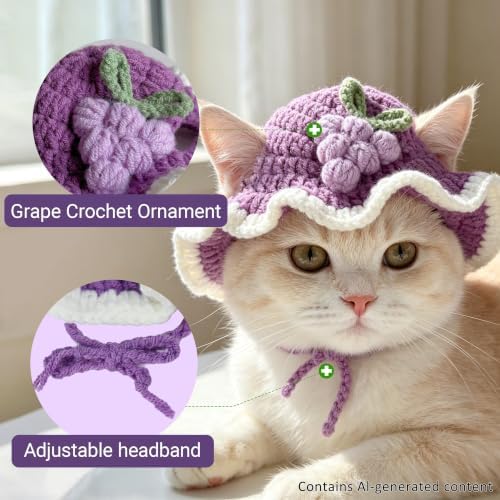 Grape Cat Hat, Cotton & Soft Cute Knitted Hats for Cats Birthday Party Spring Christmas Puppy Hat for Small Pets (Purple,M) - Image 3