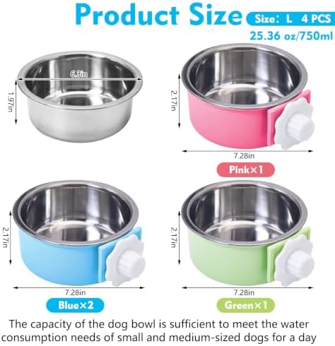 kathson Crate Dog Bowl, Removable Stainless Steel Hanging Pet Cage Bowl Food & Water Feeder Coop Cup for Cat, Puppy, Birds, Rats, Guinea Pigs (4 PCS, Size: L, 2×Blue,1×Pink,1×Green) - Image 2