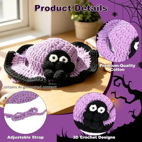 Spider Cat Hat, Cotton & Soft Cute Knitted Hats for Cats Birthday Party Halloween Christmas Spring Puppy Hat for Small Pets (Purple,M) - Image 4