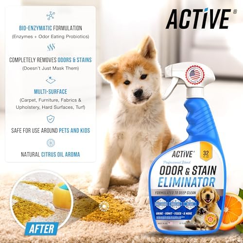 Pet Odor and Stain Eliminator - 32 oz ACTIVE Enzyme Cleaner for Dog & Cat Urine, Stain Remover Spray for Carpet, Upholstery, Hardwood, Spot Cleaning, Deodorizer for Dogs Cats Pets - Natural Citrus Oil - Image 2