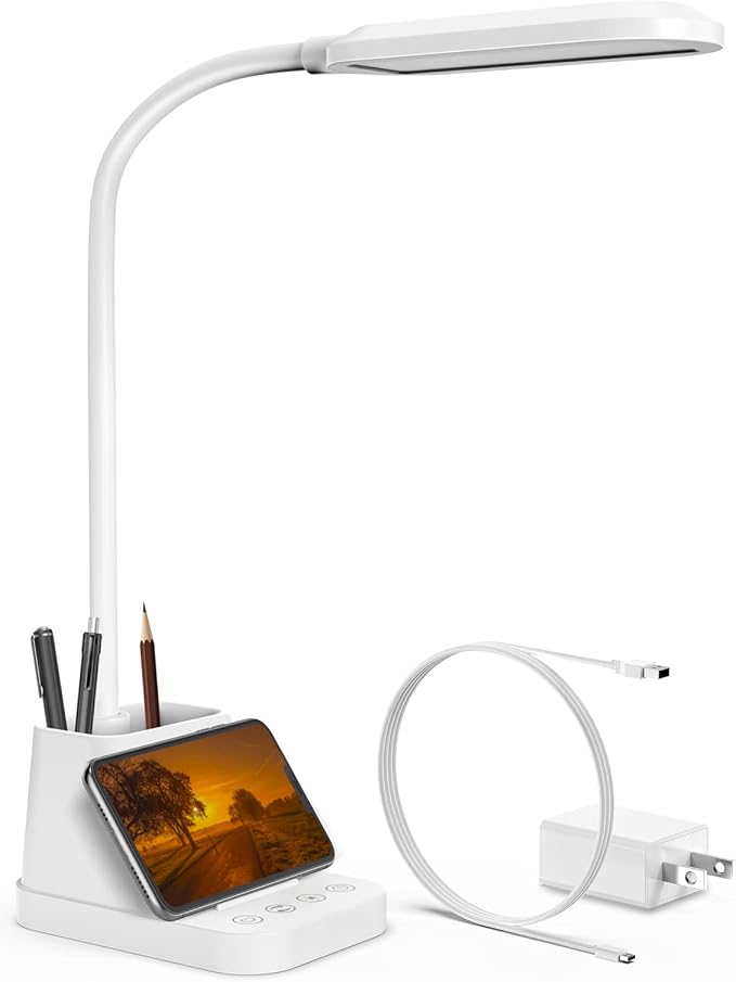 AXX White LED Desk Lamp with USB Charging Port, Study Table Light | for College Dorm Room, Home Office Bedroom Essentials, 650LM, Flexible Gooseneck, Phone Mount, Pen Holder, Timer Settings by AtAXXwetrulylovereadingandarealwaysexcitedtoexplorenewandcreativelightingdesignsthatbringcomfortandinspirationtoeverypage