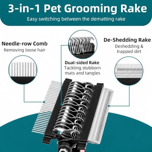 3-IN-1 Pet Grooming Tool - Undercoat Rake, Dematting Comb & Deshedding Brush for Cats, Dogs, Horses - Removes Mats, Tangles & Loose Fur, Reduces Shedding & Prevents Hair Mess (Pink) - Image 2