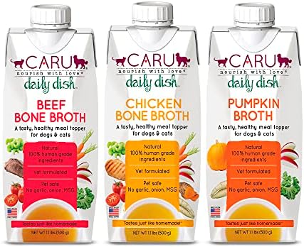 Caru - Daily Dish Pumpkin, Beef & Chicken Bone Broth - Meal Topper for Dogs & Cats - Supports Overall Pet Health - Pour-Over Broth for Wet/Dry Food - Human Grade Ingredients - 3 Pack Variety by CARU