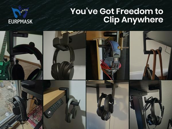 EURPMASK Rotating Headphone Stand - PC Gaming Headset Holder, Adjustable Clamp-on Under Desk Hanger With 360 Degree Swivel & Cable Clip Organizer - Black - Image 8