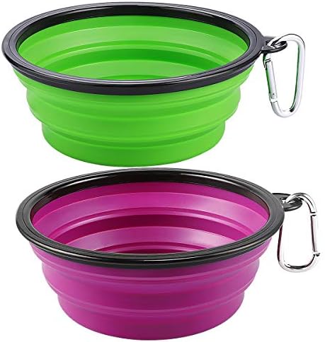 Kytely Large Collapsible Dog Bowls 2 Pack, 34oz Foldable Dog Travel Bowl, Portable Pet Water Food Bowl with Clasp, Pet Cat Feeding Cup Dish for Traveling, Walking, Hiking (Green+Purple) by Kytely