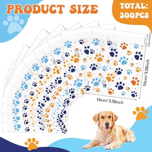 Pasimy 200 Pcs Dog Paw Treat Bags, Clear Self Adhesive Blue Orange - Image 2