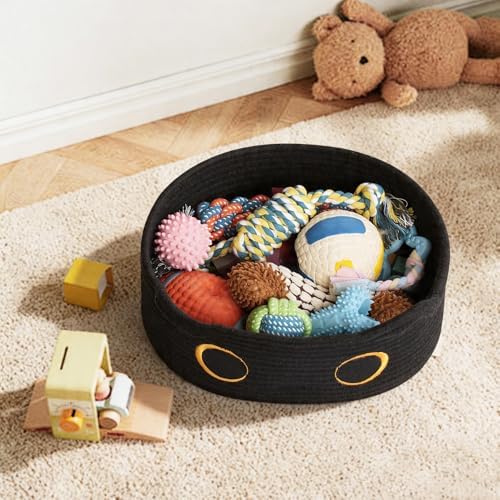 Cute Cat Toy Basket, Small Cotton Rope Toy Bin Box for Cats, Woven Organizer with Embroidered Face, Decorative Storage for Shelf, Desktop, Indoor Pet Bed, Halloween Basket Decor, Black - Image 4