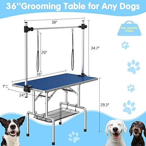 Lyromix 36'' Foldable Dog Grooming Table with Arms/Nooses/Mesh Tray, Blue - Image 6