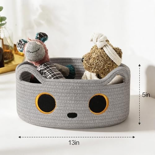Gray Cat Toy Basket, Small Woven Cat Toy Storage Box with Cute Ears Handle Indoor, Cotton Rope Storage Bin with Embroidered Face for Home Decor, Pet Bed, Nursery Kids Room Organization - Image 3