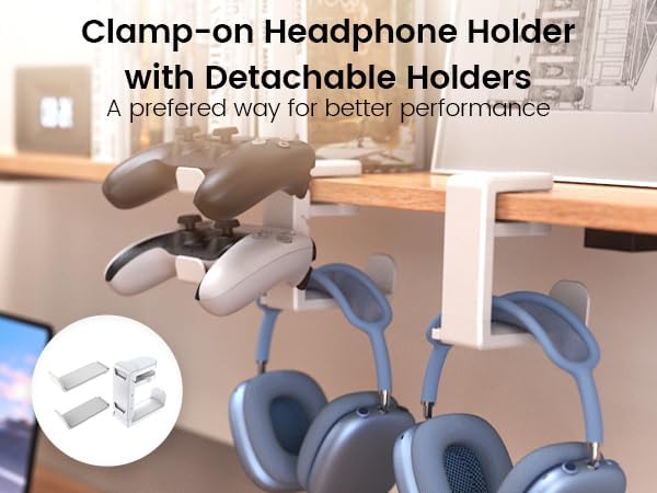 3in1 Rotating Headphone Holder - EURPMASK 3in1 PC Gaming Headset Holder w/Detachable Controller Holder, Adjustable Clamp-on Headset Stand,Headphone Hanger Hook Under Desk w/Cable Clip Organizer - Image 2