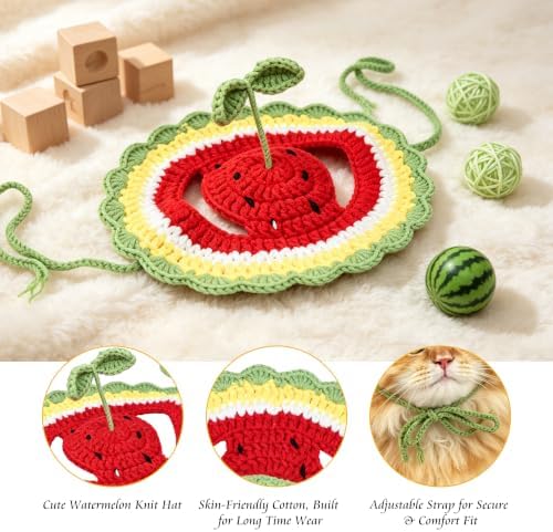 Watermelon Cat Hat, Cotton & Soft Cute Knitted Hats for Cats Birthday Party Christmas Puppy Hat for Small Pets (Green,M) - Image 3
