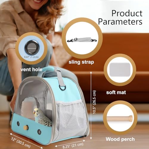 Bird Carrier, Portable Small Bird Parrot Parakeet Carrier with Standing Perch and Mat, Side Access Window Collapsible (Green, Clear Windows) - Image 2