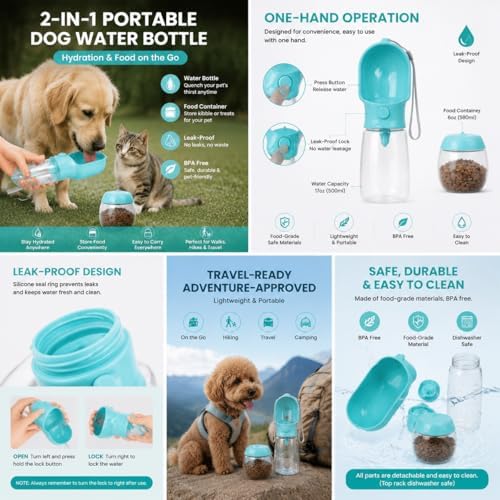 2-in-1 Dog Cat Portable Water & Food Travel Dispenser Bottle(Pink) - Image 3