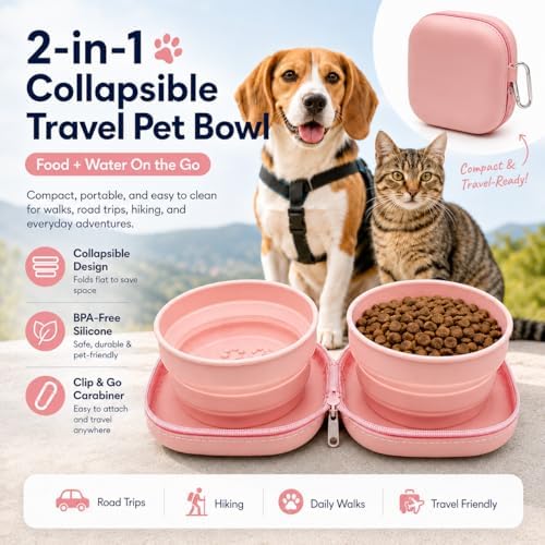 Portable Dog Bowl, Collapsible 2-in-1 Travel Dog Bowls with Carabiner Clip, Silicone Double Pet Food and Water Dish for Outdoor Camping and Hiking (Pink) - Image 2