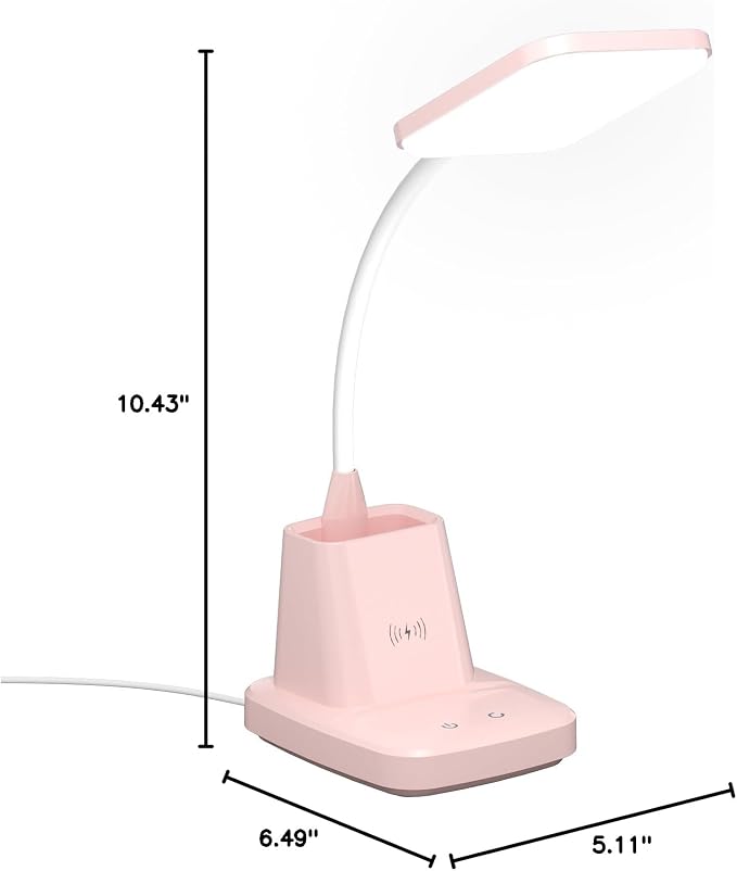 LED Desk Lamp with 10W Wireless Charging & Pen Holder, Pink | CRI 95, 800LM, Stepless Dimming, 3 Modes, 360°Flexible Arm, Touch, Study Table Lamp for Home Office, Dorm Room, with Adapter - Image 9