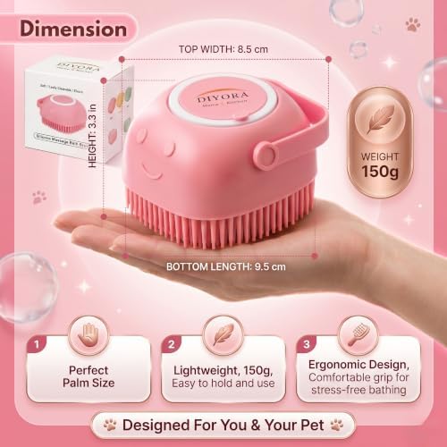 DIYORA Pet Shampoo Brush, 2-in-1 Silicone Bath Brush with Soap Dispenser for Dogs & Cats, Grooming, Massaging, Shedding & Deep Cleaning Tool for Short Hair, Long Hair & Small Pets(Pink) - Image 5