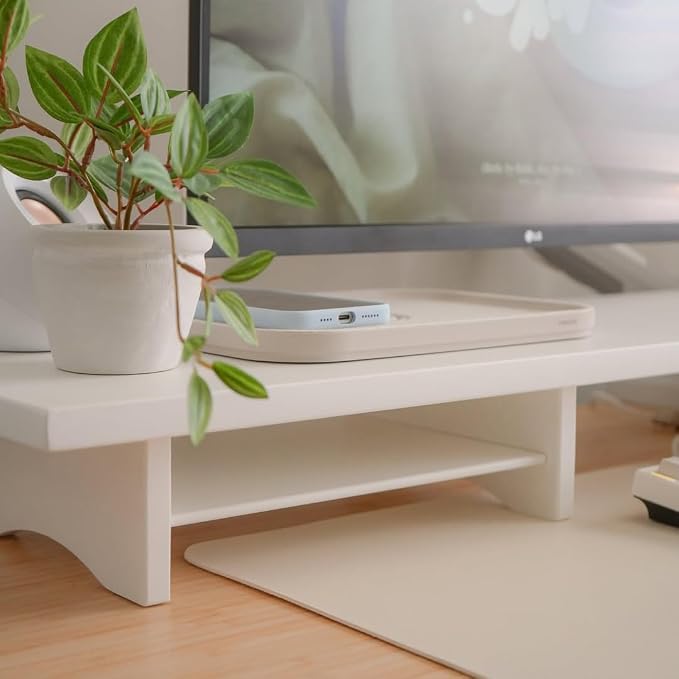 Bamboo Dual Monitor Stand Riser White, 2-Tier Desk Monitor Riser for 2 Monitors, Supports for PC Computer Monitor, Printer, Heavy TV Riser up to 300 lbs, White - Image 5