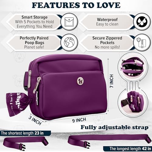 Puppington 3-in-1 Crossbody Dog Walking Bag & Treat Pouch with Matching Planet Safe Poop Bags & Built-In Dispenser - Dog Mom Gift for Puppy Training with Zippered Pockets (Plum Wine) - Image 6