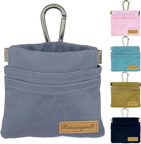Raisingwell Dog Treat Pouch, Small Cotton Pocket Sized Training Holder, Hand Free Walking Fanny Bag with Carabiner, Self-Closing Pet Feed Snack Reward, Behavior Aids for Puppy Travel or Outdoor (Grey) by Raisingwell
