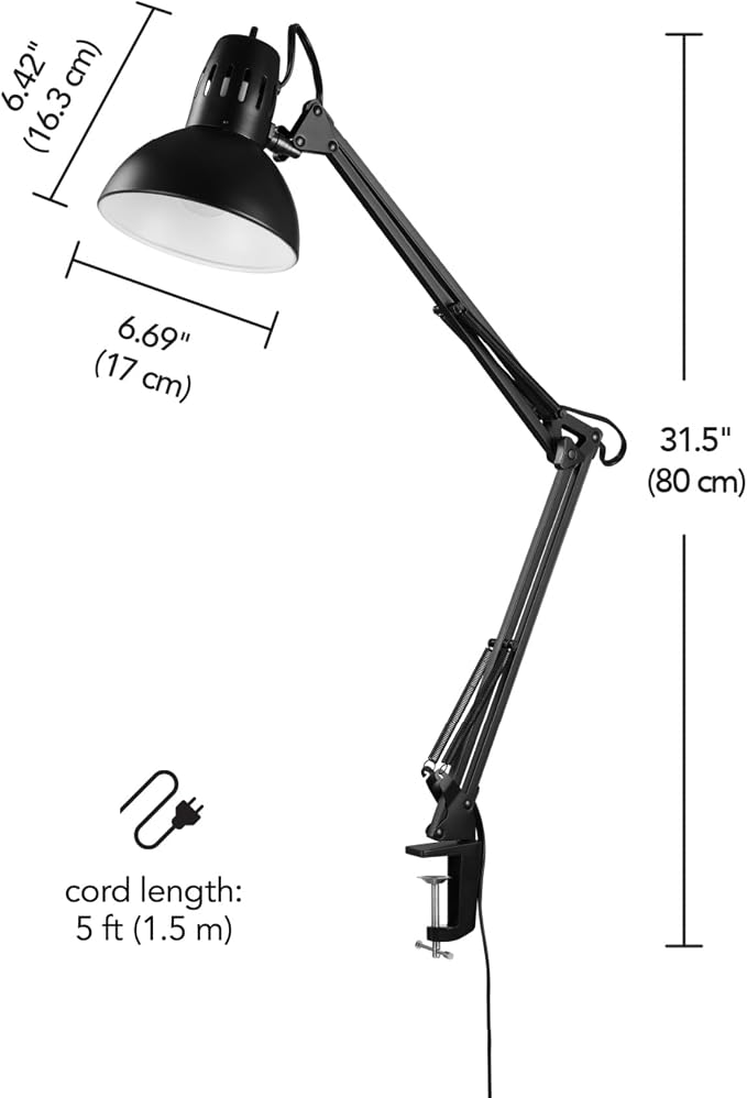 Globe Electric 56963 31.5" Multi-Joint Desk Lamp with Metal Clamp, Black, On/Off Rotary Switch on Shade, Partially Adjustable Swing Arm, Home Essentials, Reading Light, Office Décor - Image 7