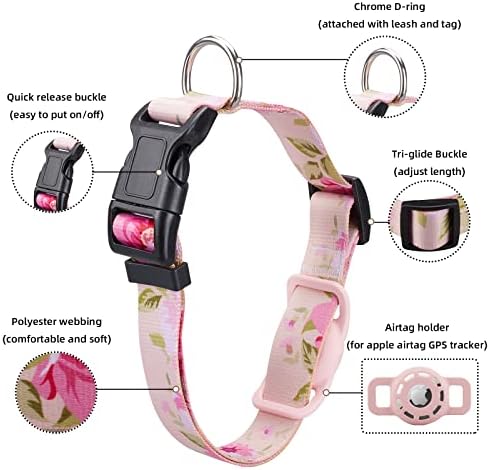 Dog Collar, Compatible with AirTag, Polyester Pet Cat Puppy Collar for Small, Medium, Large, & Extra Large Dogs, Pink Rose, S: 9.8''-15.7'' Neck - Image 5