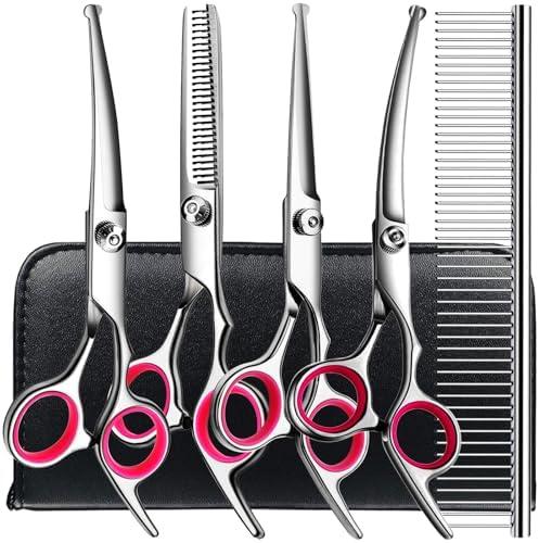 TINMARDA Dog Grooming Kit, Professional Stainless Steel Dog Grooming Scissors with Curved Shears, Pink Finger Rings - 5 Piece Sharp Durable Pet Shears for Dogs Cats At Home Salon-Quality Grooming by TINMARDA